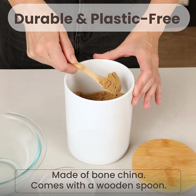 ARTHAUSEN Ceramic Storage Jar Canister - Airtight Bamboo Lid w/Silicone Seal - Modern Design for Kitchen Counter or Bathroom (White 1080mL)