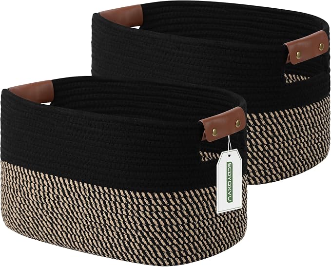 ECDYQXVU 15x10x9 Woven Cotton Rope Storage Basket, Leather Handles 2 Pack | Foldable Design, Sturdy PU Handles, Easy to Clean Organizer for Living Room, Closet, Shelves, Bedroom, Laundry, Clothes