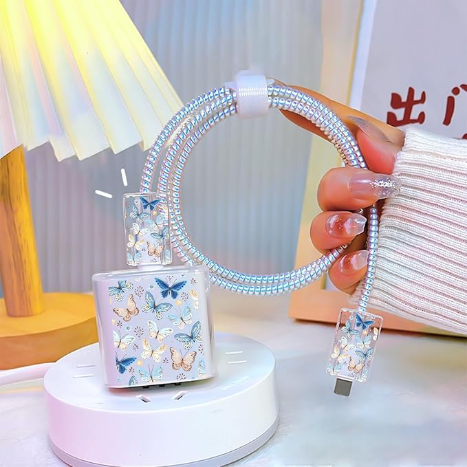 CameCosy Cable Protector for iPhone Apple Charger,Pretty Butterfly Design,Data Cable USB Case Cord Saver Phone Charger Protector for iPhone 11 12 13 14 Pro Max Plus (Brown-Blue)