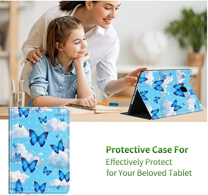 for Samsung Galaxy Tab E 9.6" 2015 SM-T560/T561/T567 Case | Slim Leather Smart Cover with Multi-Angle Anti-Slip Stand [Auto Wake/Sleep] Shell for Women Men - Blue Butterfly White Cloud
