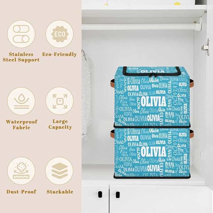 Personalized Foldable Storage Basket with Name, Zipper Lid Laundry Hamper Dirty Clothes Pet Toys Storage Bin with Handles for Shelf Home Closet Kitchen, Sky Blue Solid Color