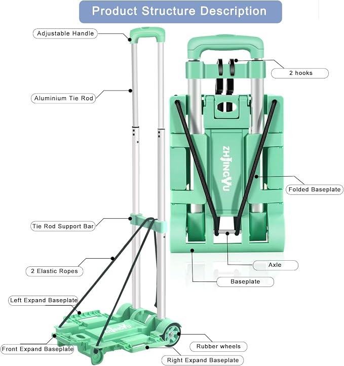 Folding Hand Truck Dolly Cart,Collapsible Shopping Trolley,Mini Lightweight Hand Dolly,Backpack Trolley,Luggage Cart,Aluminum Telescopic Rod,2 Wheel Trolley Expandable Large Chassis,Mint Green