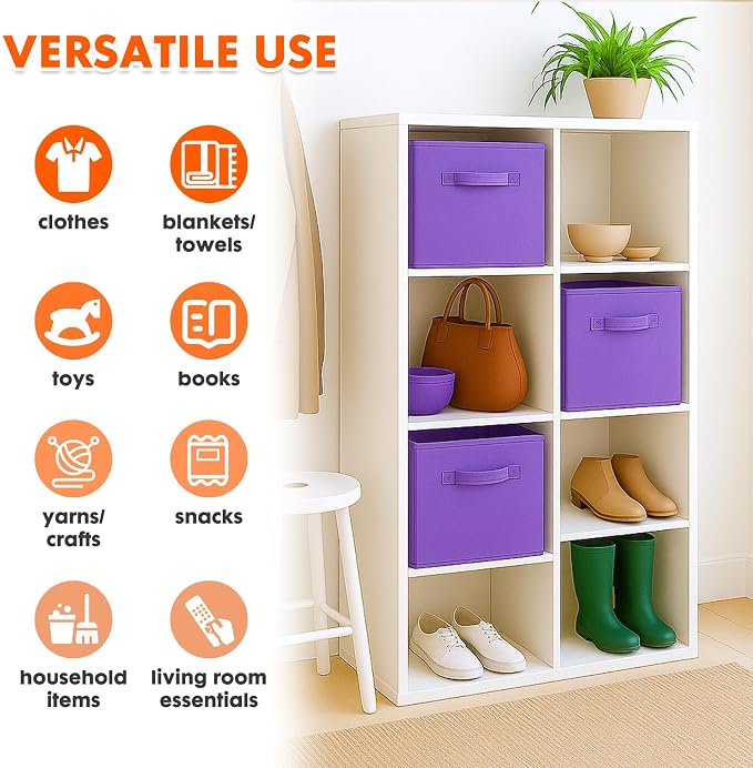 PowerKing Collapsible Storage Cubes, Farbic Storage Bins, Violet, 2 Pack | Sturdy, Lightweight, Easy Pull Handle, Closet & Shelf Organizer, Clothes and Toys Storage, 10.5'' x 11'' x 10.5''