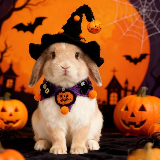 Halloween Dog Costume - Black Witch Hat & Halloween Outfit for Rabbits,Cats and Small Sized Dogs,Handmade Festive Halloween Pet Apparel with Pumpkin Design,Perfect for Dog & Cats