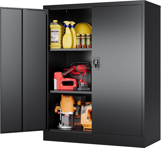 Small Metal Storage Cabinet with Doors and Shelves,36 inch Black Locking Garage Cabinet,Lockable Short Steel Cabinets for Home,Office,Shop,Garage
