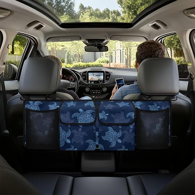 Dreaweet Blue Sea Turtle Car Trunk Organizer Hanging Back Seat Storage Bag with 4 Pockets,Turtle Car Accessories Waterproof Adjustable Large Capacity Collapsible Trunk Organizer for SUV Trucks Sedan