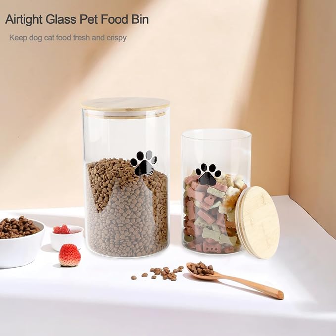 Glass Dog Treat Jars Set of 2,135oz+68oz Round Dog Cat Food Container with Bamboo Lids,Airtight Cat Treat Jar, Puppy Food Cookie Jar-Keep Fresh Crispy