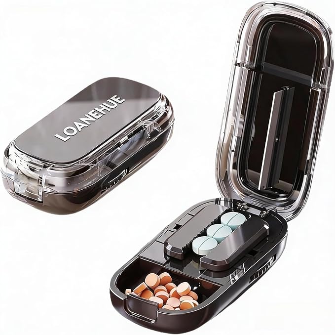 Precision Pill Cutter for Small and Tiny Pills, Sharp Blade with Storage Compartment, Travel-Friendly 1/2 Pill Splitter for Home/On-The-Go, Black