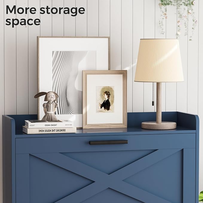Homleke Farmhouse Shoe Storage Cabinet with Flip Drawers & Barn Door Design | Slim Narrow Shoe Rack Cabinet with Adjustable Shelves & Hidden Storage for Entryway, Foyer, Hallway, Living Room, Blue
