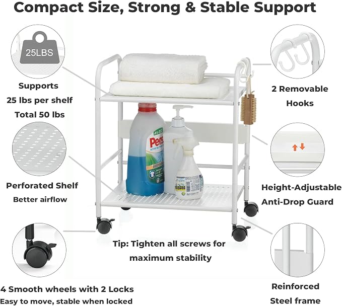 2-Tier Metal Rolling Cart, Compact Under Desk Storage Organizer | 12.2" clearance fits binders and tall bottles, compact mobile shelf with anti-drop guard for home & office. White.