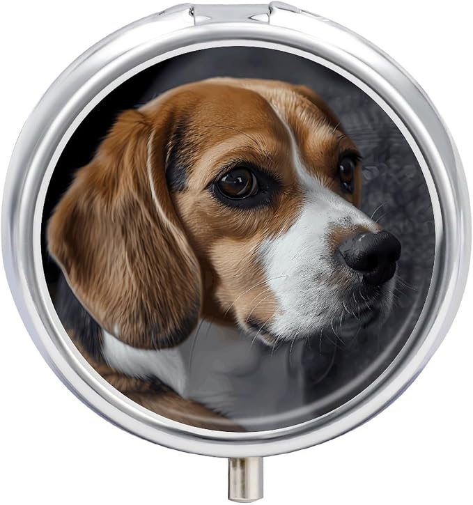 Ovely Pet Dog Beagle Round Pill Box for Organizer and Containers,Vitamin Case for Purse & Pocket Mini,Organizer Box- 3 Compartment to Hold Vitamins,Fish Oil and Supplements