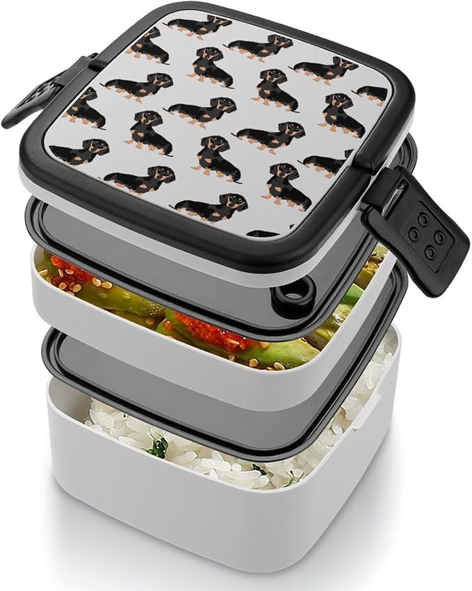 Dachshund Weiner Pet Dogs Double Layer Bento Box, 1000ml Stackable Leakproof Lunch Container with Spoon, Portable 2-Tier Food Storage Box for Office Work Picnic Camping and Travel