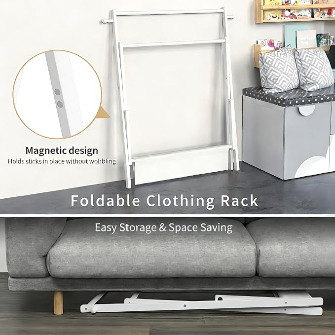 BAMBOOHOMIE Kids Clothing Rack, Small Clothes Rack for Toddler Pets, Kids Dress Up Rack with Storage Shelf & Double Rods, Foldable Kids Clothes Rack for Nursery Child's Room (Regular Size - White)
