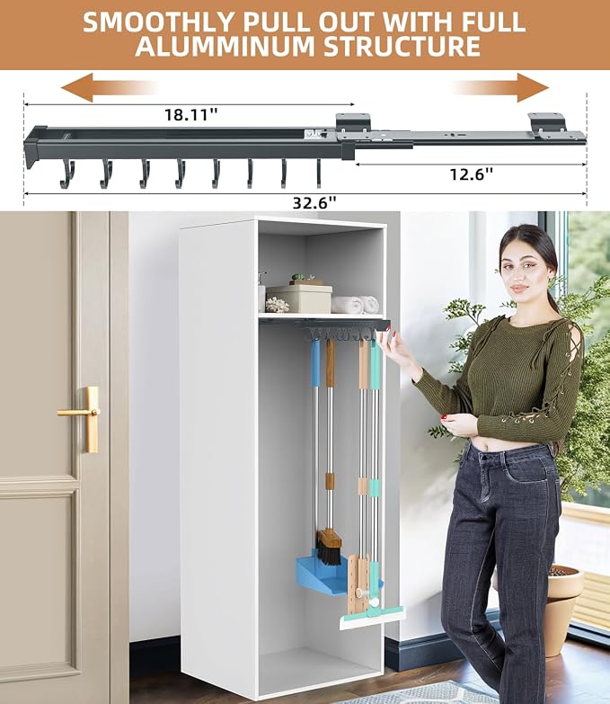 Pull Out Broom Holder With Adjustable Double Row Sliding Hook-Grey 18.11in | High Load Capacity, Multifunctional Slide Broom And Mop Storage/Garage Organization Hooks, for Closet Laundry, kitchens