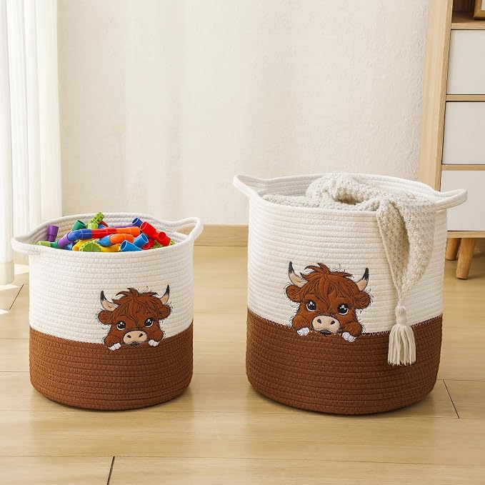 Large Blanket Baskets for Living Room, Highland Cow Storage Baskets for Toys Organizer Woven Cotton Rope Basket for Kids, Clothes Hamper with Embroidery Highland Cow Decor for Nursery Laundry