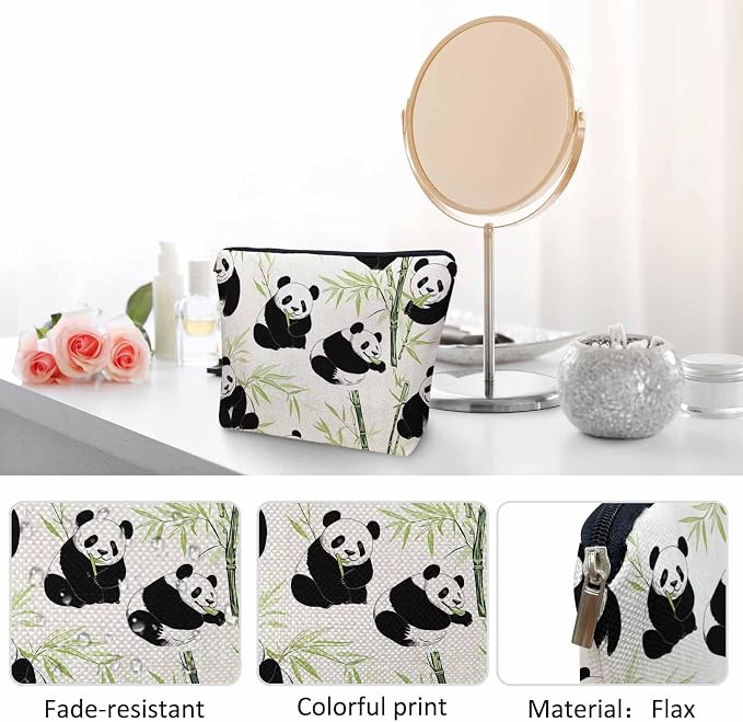 Panda Makeup Organizer Bag Cosmetic Bag For Men Women, Cute Pandas Forest Bamboo Leaves Panda Travel Toiletry Bag Flax Makeup Bags Purse Business Makeup Pouch For Toiletries Cosmetics