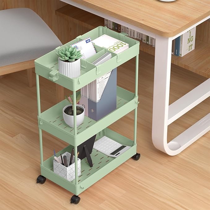 3 Tier Rolling Cart with Wheels, Storage Craft Art Trolley Organizer Serving, 3 Hanging Baskets Easy Assembly, for Office, Living Room, Kitchen, Green