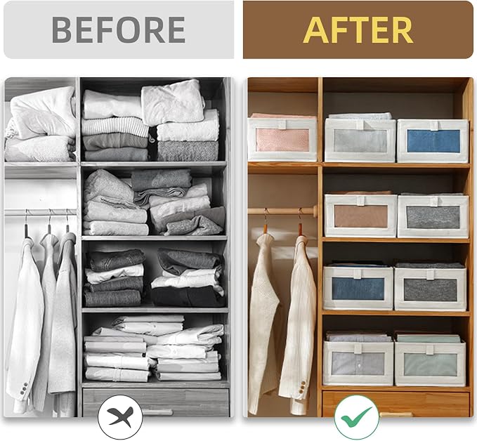 Linen Closet Organizers And Storage, 6 Pack Closet Storage Bins Linen Closet Baskets for Closet Organization Foldable Closet Organizer Bins with Clear Window For Organizing Clothing, Jeans, Shelves