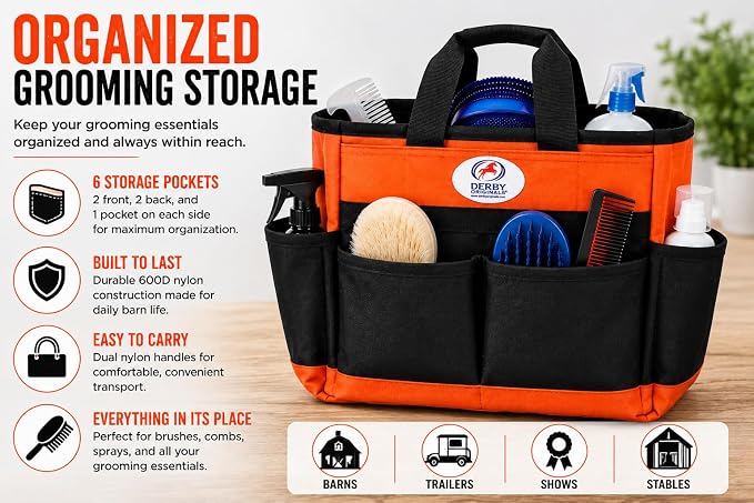 Derby Originals Nylon Horse & Dog Grooming Tote Bag with 6 Storage Pockets, Durable 600D Nylon Organizer, Dual Carry Handles for Barn, Trailer & Show Supplies