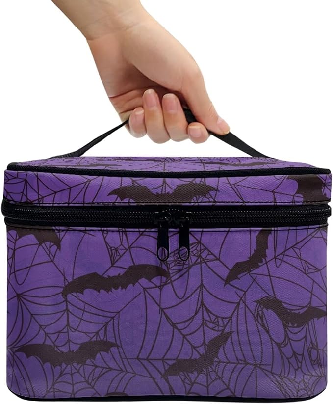 Purple Makeup Bag for Women Large Capacity Travel Makeup Bag with Handle Spider Web Bat Print Toiletry Bags for Travel Holiday Halloween Party