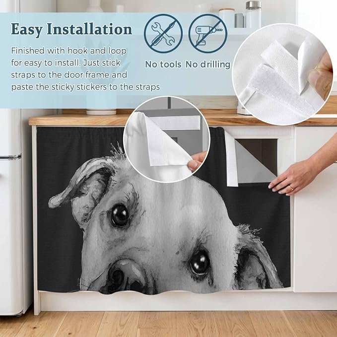 Black Dog Cabinet Curtain 28"Wx51"L,Dustproof Storage Cabinet Curtain with Self Adhesive Tape,Cute Pets Eyes Animals Fur Vintage Oil Painting Tall Pantry Cover Drape for Kitchen,Laundry Room,Closet