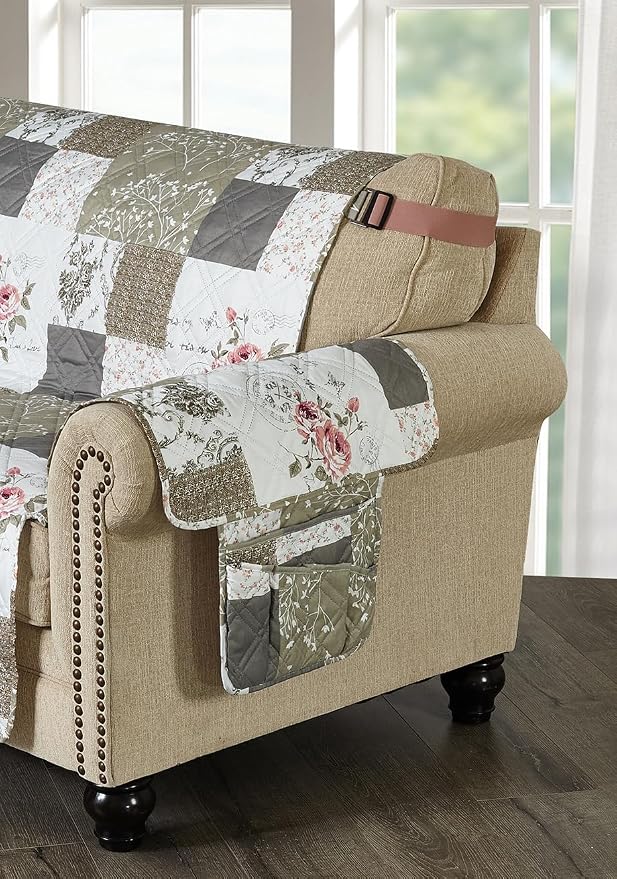 Brilliant Sunshine Pink Rose & Grey Toile Couch Armrest Cover, 35"×13" | Washable Magazine Holder, Armrest Organizer & Caddy on Sofa, Recliner, Armchair, Storage for Remote Controls, Phone, iPad