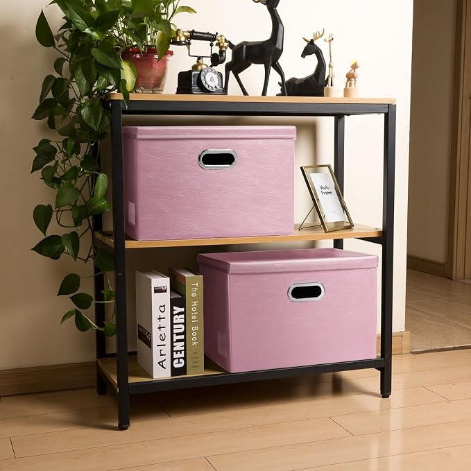 Large Collapsible Storage Box with Lid [1-Pack] Leather Fabric Foldable Storage Bin Organizer Container Basket Cube with Cover for Home Bedroom Closet Office Nursery Pink (17.7x11.8x11.8)