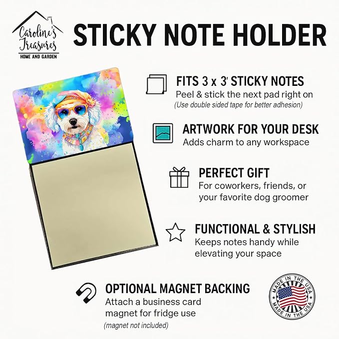 Caroline's Treasures Bichon Frise Hippie Dawg Sticky Note Holder Refillable Dispenser Self-Sticky Note Pads, Memo Pads Blank Desk Accessories