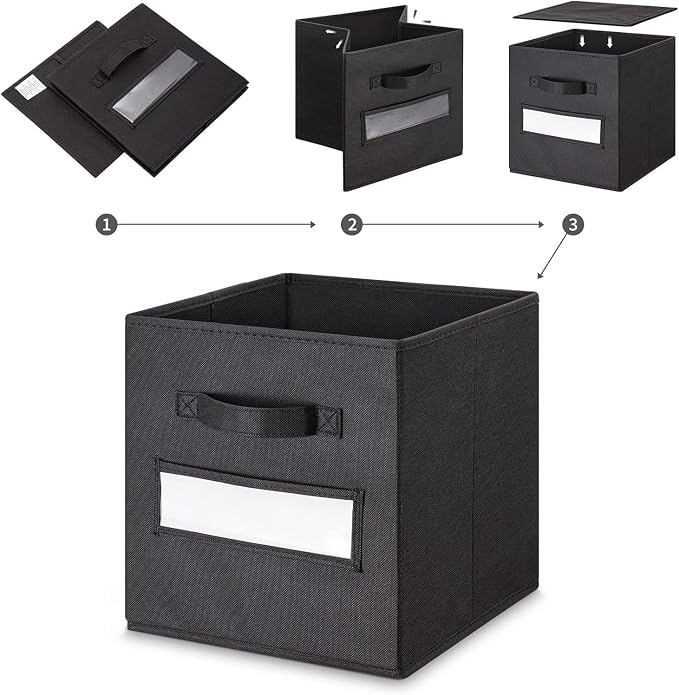 13x13x13 storage cube bins (Set of 10) Fabric storage cubes with 10 Labels Window Cards & a Pen, storage cubes 13x13, Collapsible 13 inch cube storage bins, Cubby Organizer Boxes, Black