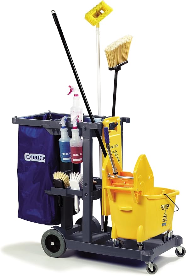 Carlisle FoodService Products Janitorial Cart with 25 Gal Bag, Gray | Short Platform, 3 Shelves, Polyethylene, Broom Holders and Hooks, Non-Marking Wheels, Mop Bucket Platform