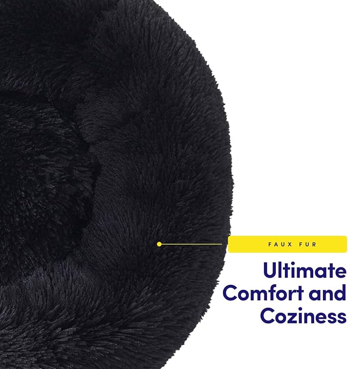 Dog & Cat Bed: Round Faux Fur Pet Bed - Plush, Cozy, & Calming Donut Bed for Large Pets - Soft & Comfortable Sleeping Cushion for Napping & Lounging, 30" Round, Black
