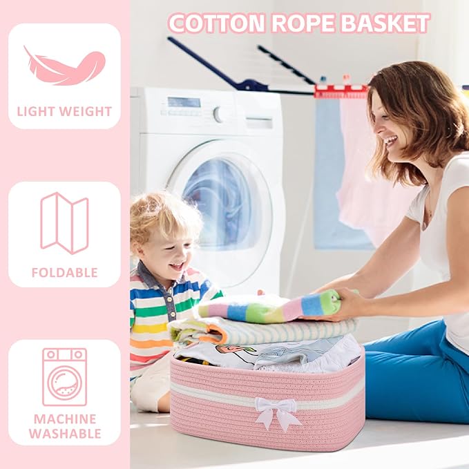 OIAHOMY Large Woven Storage Basket with Handles for Nursery Living Room Shelves, Bow Basket for Gifts Empty with Gift Bags and Ribbons for Baby Showers Pet Toy Bin - Pink