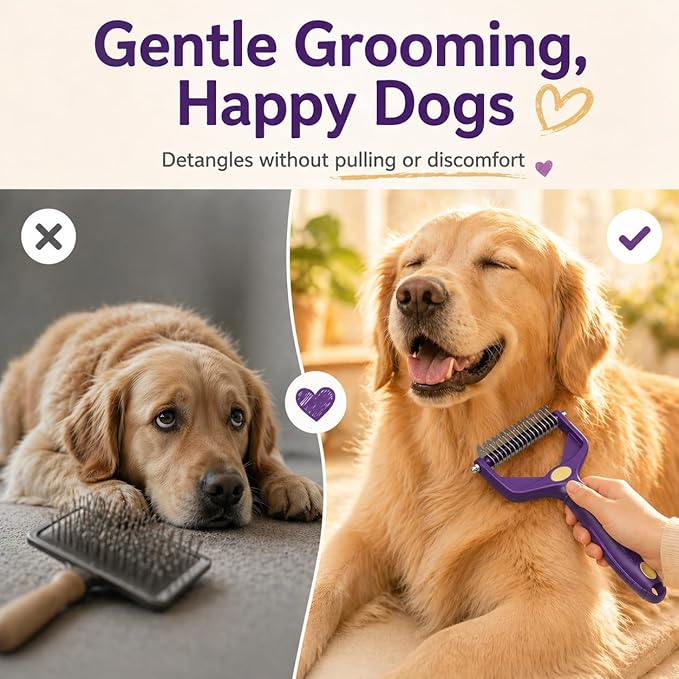 Dog Dematting Comb for Matted Hair, 9+17 Teeth 2-Step Detangler, Stainless Steel Undercoat Rake with Flea Comb, 3-in-1 Grooming Tool for Long-Haired Dogs