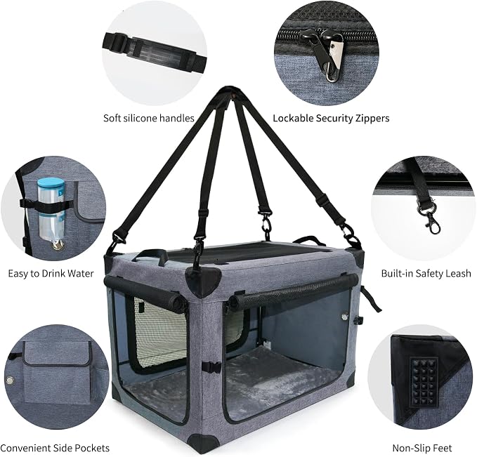 NEZUC Collapsible Dog Crates for Large Dogs Portable Soft Sided Travel Dog Carrier for Indoor & Outdoor, 4-Door Foldable Pet Kennel with Durable Mesh Windows (Gray, 30.0" L x 20" W x 20.0" H)