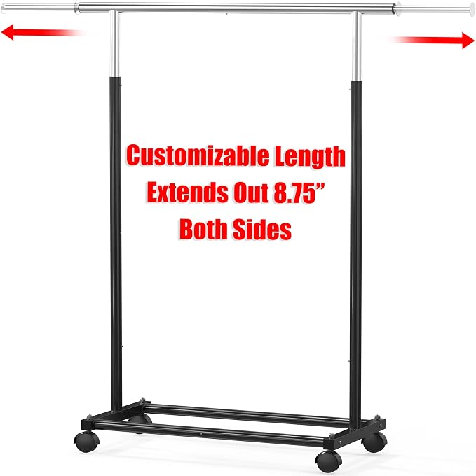 Simple Houseware Standard Rod Garment Clothing Rack, Black | Single Rail, Extendable Width from 30 to 47 Inches, Rolling Clothing Organizer for Bedroom, Laundry, Living Room