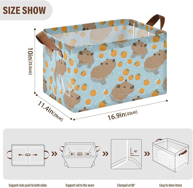 Orange and Swimming Capybara Storage Basket Foldable Cube Storage Bins with Handles&Label Waterproof Collapsible Organizer Box Bin Large Rectangle Decorative Baskets for Shelves Home Room Laundry-2 PC