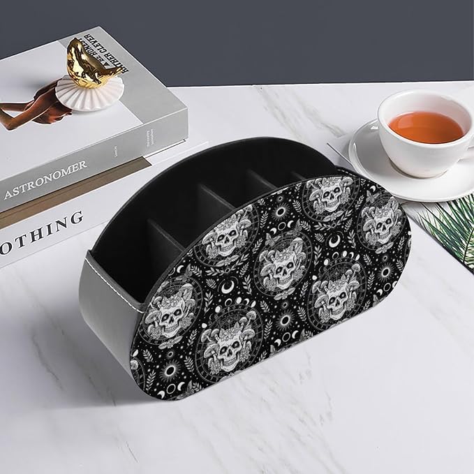 Desktop Remote Control Holder Moon Skull Mushroom Storage Cup Caddy Box | Table Desk Organizers with 5 Compartments, Skeleton Sun Moon Skull Mushroom, Multi-functional Office Supplies