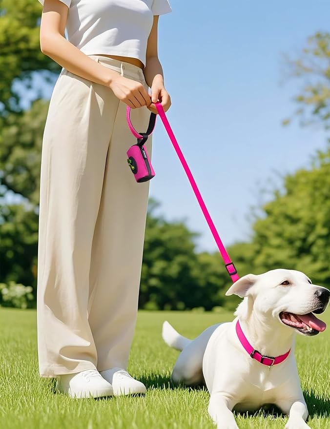 Gobeigo 2-in-1 Dog Poop Bag Holder【Easy Pull-Out Version】(Hot Pink) | Hard Plastic Insert & Soft Fabric Bag Snap-On Strap Dispenser Fits Retractable and Standard Leashes with 1 Roll Bags