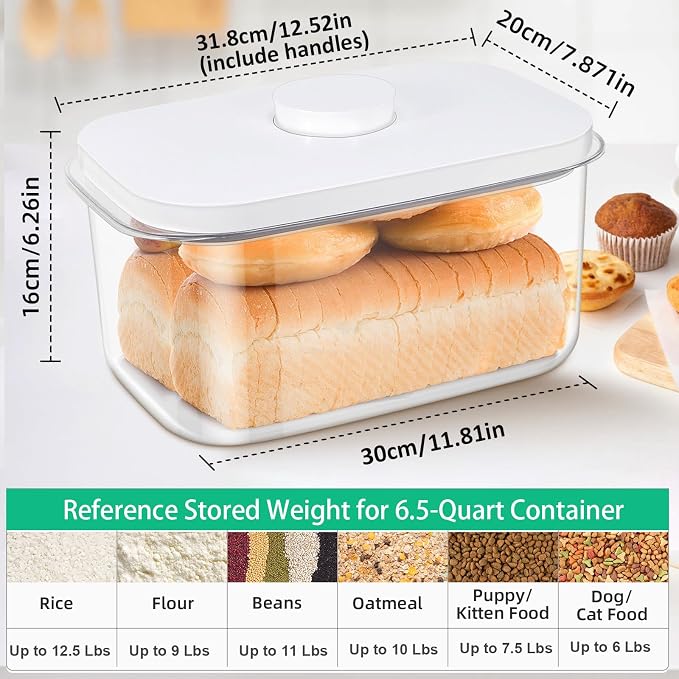 Large Bread Box with Easy-Carrying Handles for Kitchen Countertop, 6.5 Qt Rice Flour Container with Pop Up Lid & Hanging Hooks for Cleaner Use, Airtight Food Storage Bin for Kitchen Organization