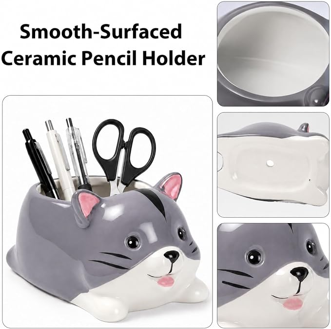 Ceramic Cat Shaped Pen Pencil Holder for Desk Decoration Accessories Cat Decor Makeup Brush Pen Cups Office School Ideal Gifts for Women, Mom or Birthdays