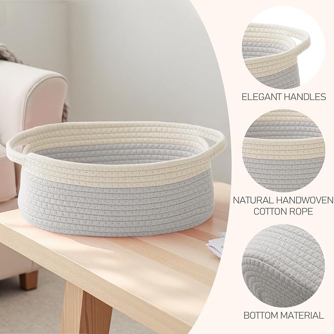 JMvicyroam Small Woven Basket, Empty Gift Basket, White&Grey/2 Pack | Small Gift Basket, Cotton Rope, 12 x 8 x 67 in, Handles, Includes Ribbon and Bag, Birthday Gift Basket