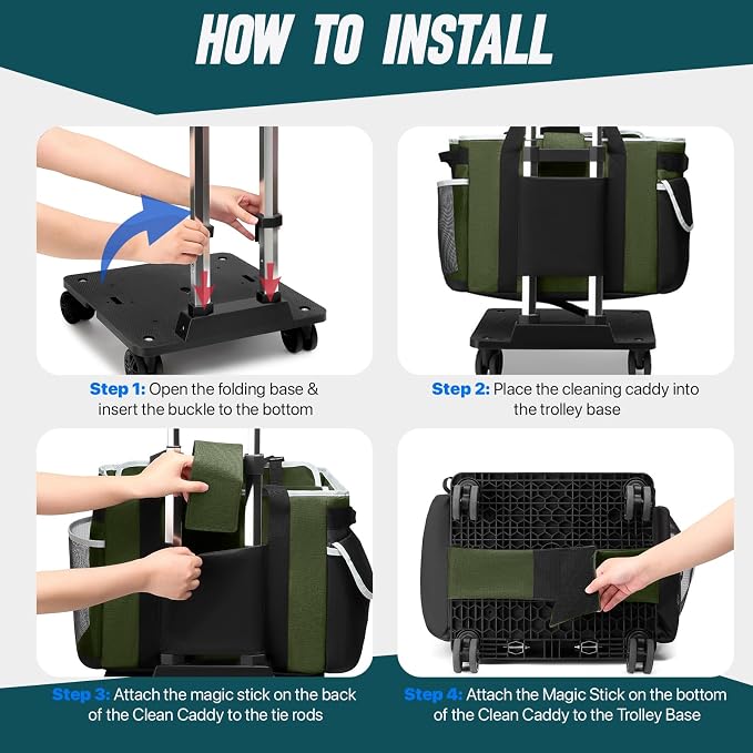 Large Rolling Cleaning Caddy Bag with Detachable Trolley, Full Support Plates for Professional Cleaning Supplies Bag, Organizer Bag with 4 Universal Wheels for Housekeepers, Car Wash (Green)