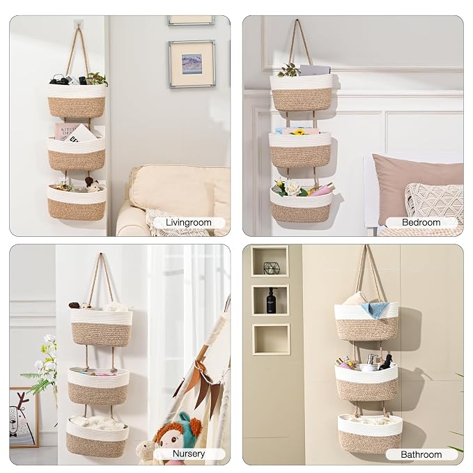 ICERZCZ Hanging Baskets for Organizing, Over the Door Decorative Storage Organizer, Nursery Decor Organization, 3-Tier Wall Basket for Entryway Playroom Bathroom Closet, Mixed Brown & Off White