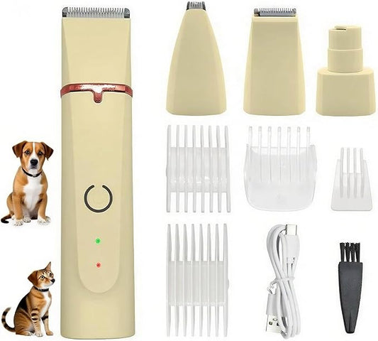 Low Noise 4-in-1 Dog Grooming Clippers Kit,Cordless Dog Nail Clipper,Dog Paw Trimmer,Cat Ear Trimmer,Pet Cat Dog Hair Trimmer for Small Large Dogs Cats and Rabbits Grooming at Home(Beige)