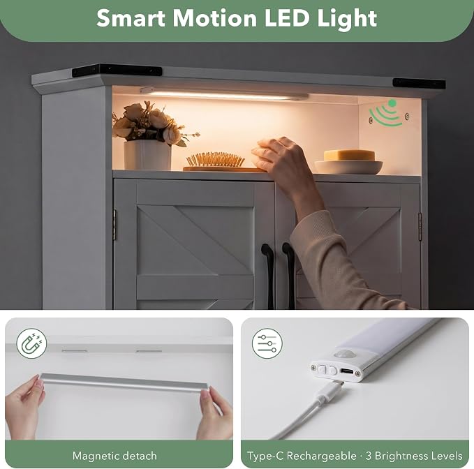Bathroom Wall Cabinet with Motion LED Light, 23 x 25 Inch, White | Farmhouse over-toilet medicine cabinet with safety drawers, 9-inch depth, and a water-resistant white finish.