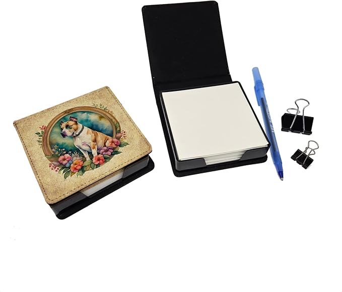 Caroline's Treasures American Staffordshire Terrier and Flowers PU Leather Note Paper Holder with Artist-Designed Cover, Desk Accessory, Office Gift