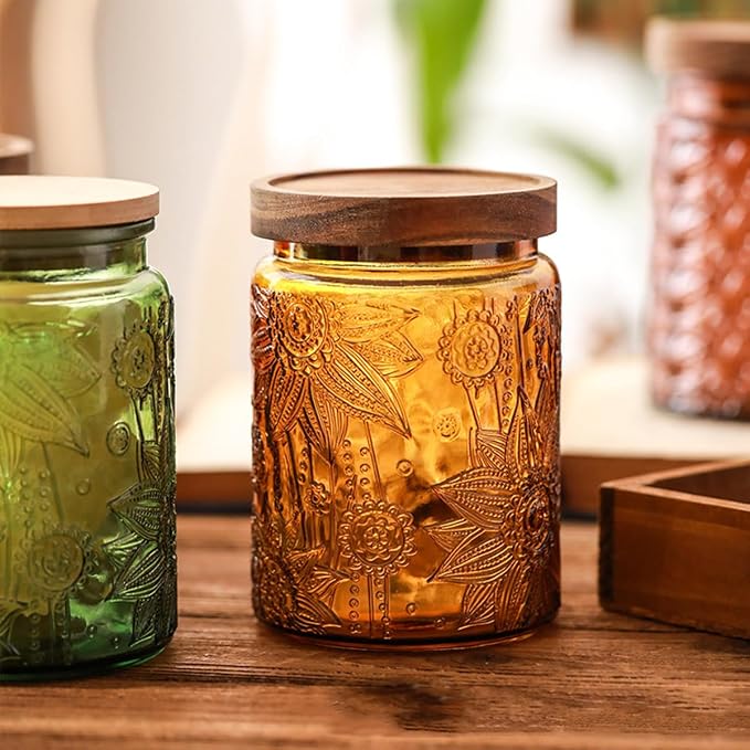 Vintage Glass Jar, 23.7 oz Yellow Sunflower Canister with Airtight Wood Lid | Coffee Bean Storage, Loose Leaf Tea Holder, Sugar Container, Candy Organizer, Cookie Keeper, Pantry Counter Decor