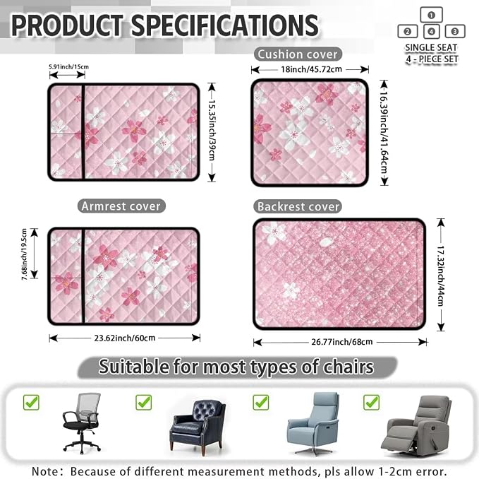Cherry Blossom Recliner Chair Covers Pink 4 Piece Quilted | Recliner Chair Slipcovers with Arms Non Slip Armchair Cover with Pockets,Stain Resistant Furniture Protector for Living Room