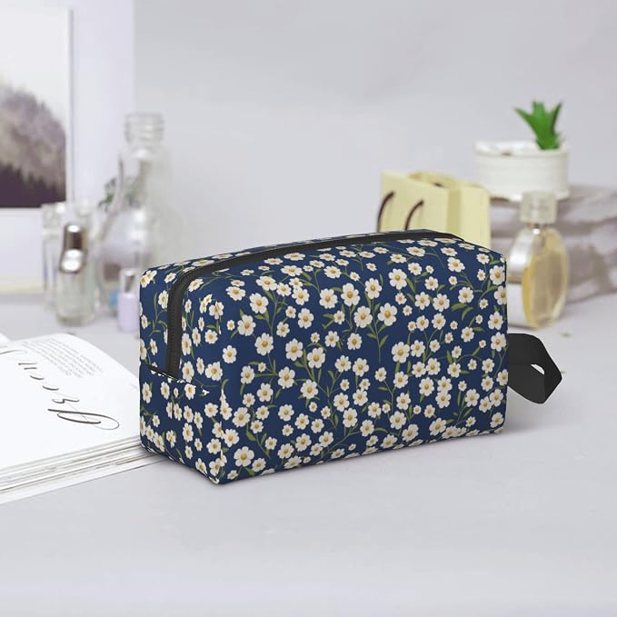 Navy Blue Daisy Makeup Bag - Durable 600D Oxford Fabric Travel Cosmetic Bag, Shockproof Foam Padded Toiletry Organizer for Gym & Daily Use 10x6.2x4.9 Inch