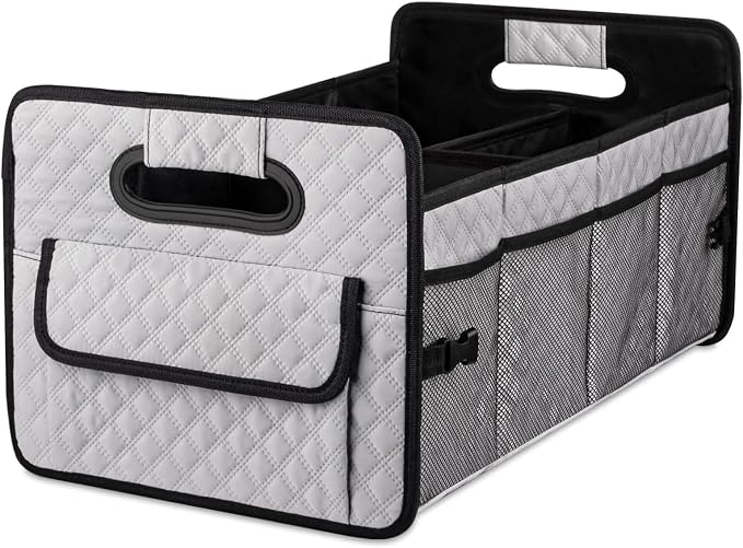 Car Trunk Organizer for SUV, Collapsible Car Storage Organizer Light Grey | Sturdy, Large Capacity, Diamond Decor, Multi Compartment Container Box Adjustable Car Accessories for Sedan Truck